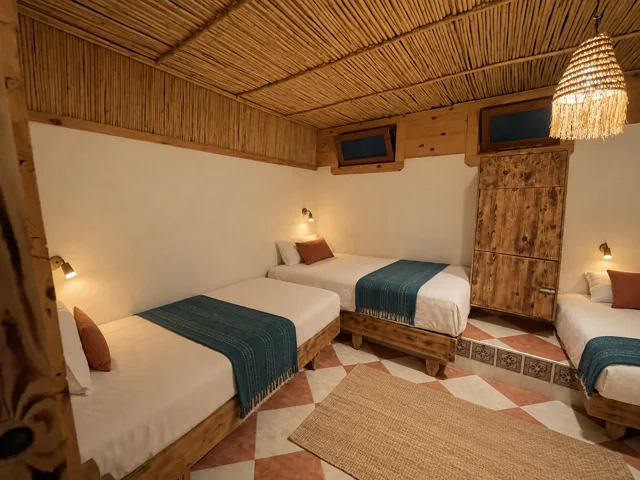 Shared sleeping space with timber beds, woven details and blue bedding