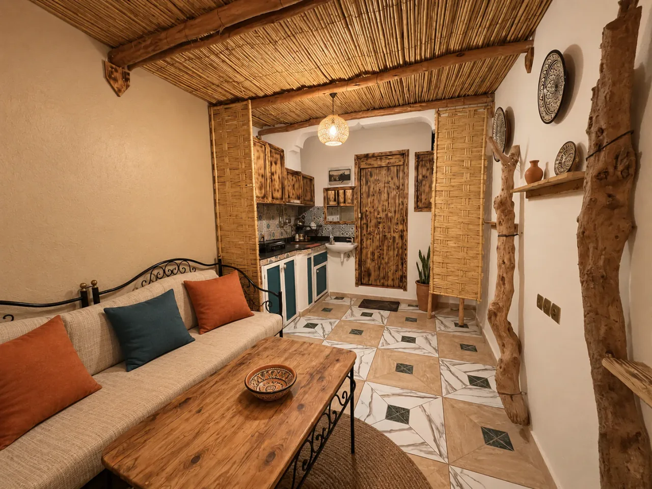 A shared lounge with reed ceilings, low seating and clay cushions