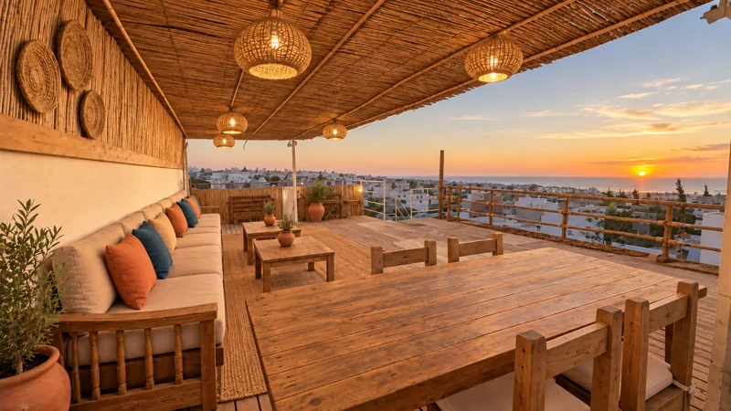Dar Swell rooftop terrace with reed shade and a view of the Atlantic at sunset